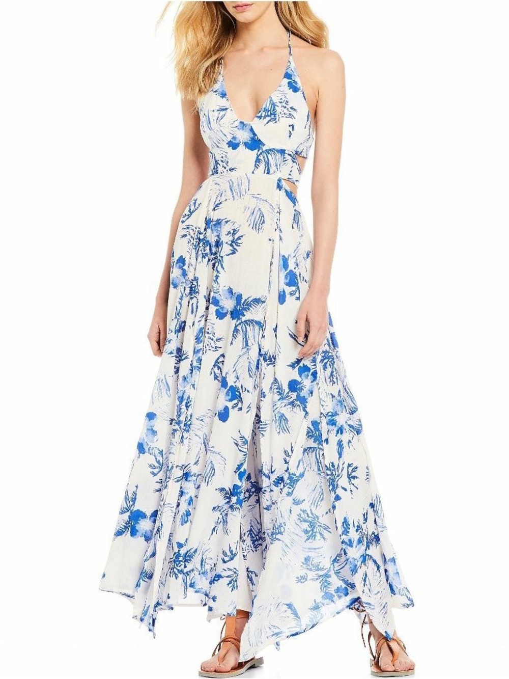 Free People Lillie Floral Printed Maxi Dress Open Back Blue White Tropical Boho